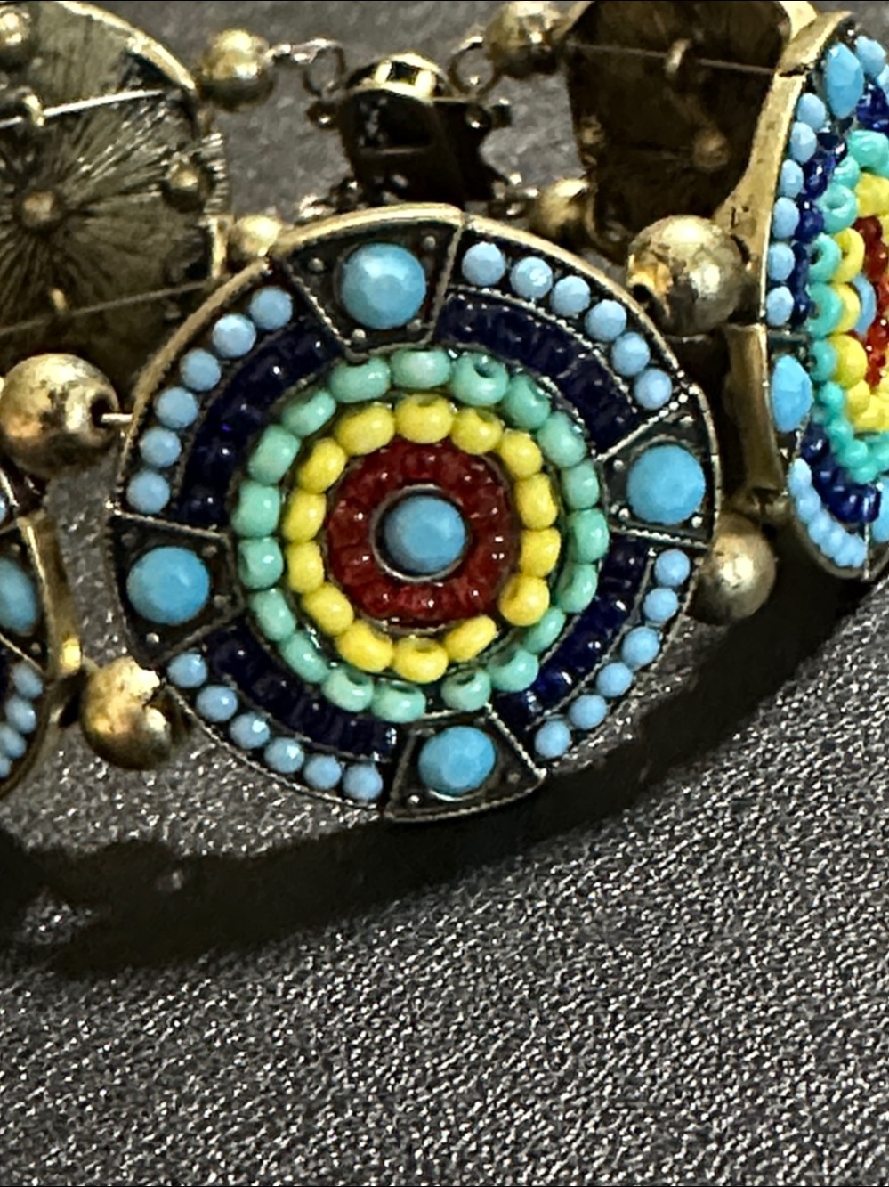 Bronze Tone Medallion Style Multicolored Bead Inlay Bracelet - Picture 15 of 16